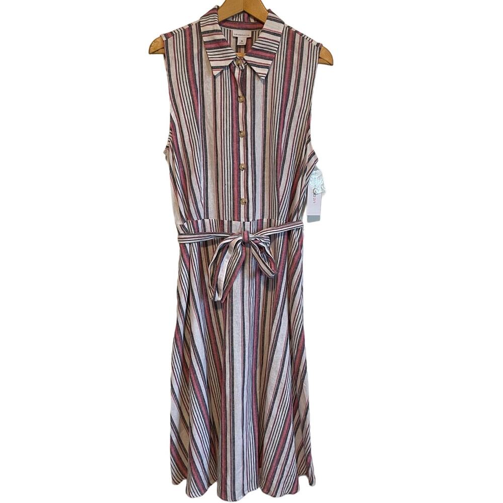 Liz Claiborne sleeveless striped linen dress midi collared button belt Size 16